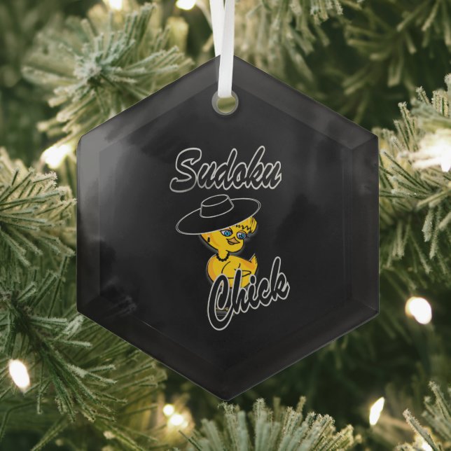 Sudoku Chick #4 Glass Tree Decoration (Insitu)