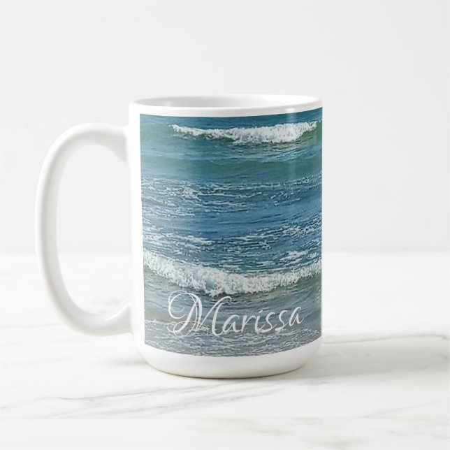 Sudsy Blue Atlantic Ocean Shore Custom Name Coffee Mug (Left)