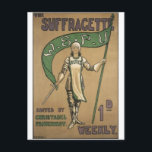 Suffragette Magazine Postcard<br><div class="desc">Many ian women were tortured to death in prison simply because they wanted the ability to vote. This magazine cover depicts Joan of Arc, a figure cited by Suffragettes when men in power claimed women didn't fight and therefore shouldn't vote. The purple and green colour scheme was adopted by the...</div>