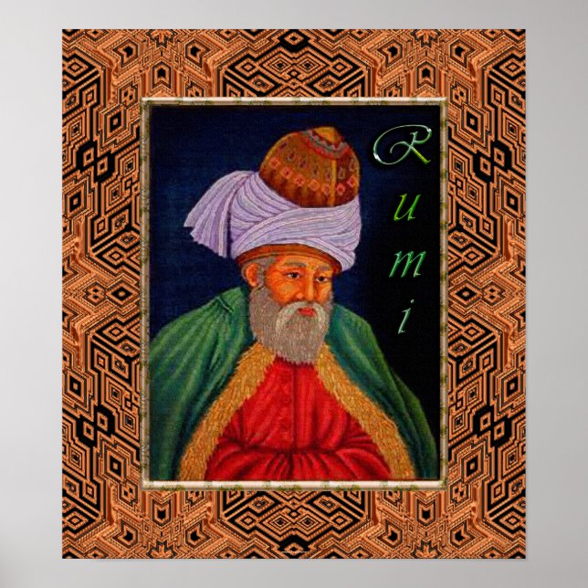 Sufi Mystic Portrait of Rumi on Geometric BG Poster (Front)