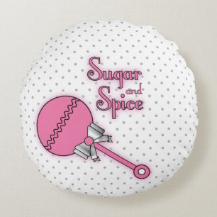 Sugar and Spice Polka Dot Baby Rattle Round Cushion