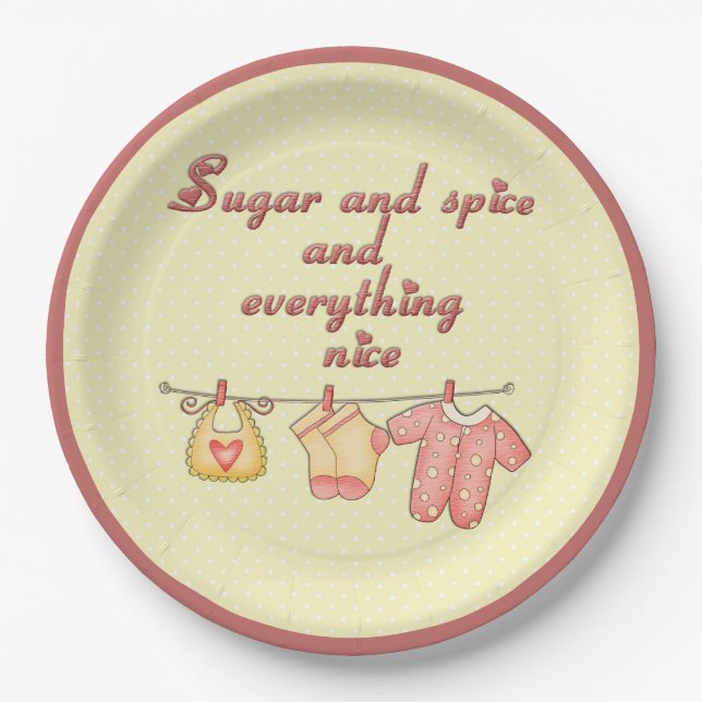Sugar and Spice Yellow and Pink Baby Shower Paper Plate (Front)