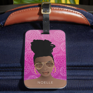 Sugar Apples Pattern, Black Woman, Hot Pink Luggage Tag