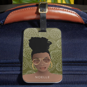 Sugar Apples Pattern, Black Woman, Olive Green Lug Luggage Tag