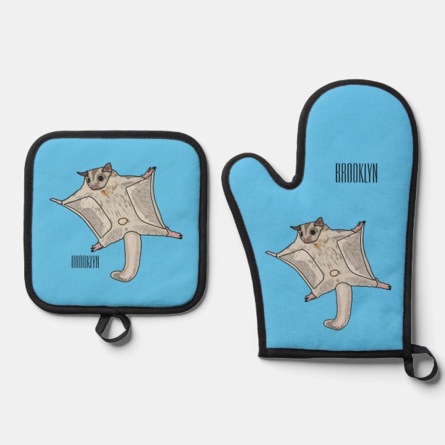 Sugar glider cartoon illustration oven mitt & pot holder set (Front)