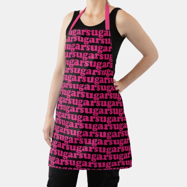 Sugar hot pink modern typography pattern fun black apron (Insitu)