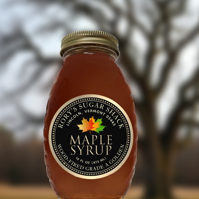 Sugar Maple Leaves Maple Syrup Gold Border Classic Round Sticker (Creator Uploaded)