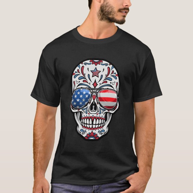 Sugar Skull 4Th Of July American Flag Sunglasses T-Shirt (Front)