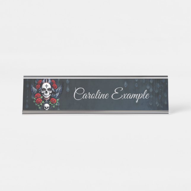 Sugar Skull Angel with Roses.  Desk Name Plate (Front)