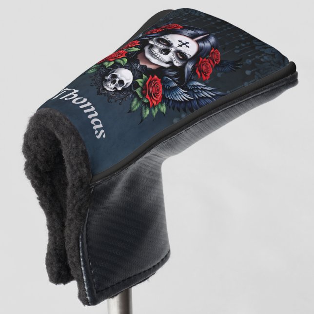Sugar Skull Angel with Roses.  Golf Head Cover (3/4 Front)