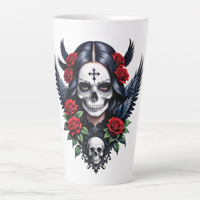 Sugar Skull Angel with Roses.  Latte Mug (Front)