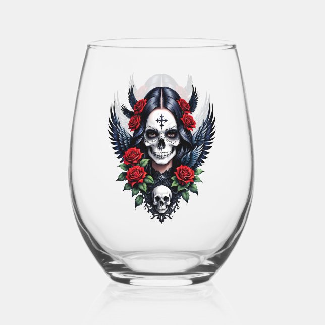 Sugar Skull Angel with Roses.  Stemless Wine Glass (Front)