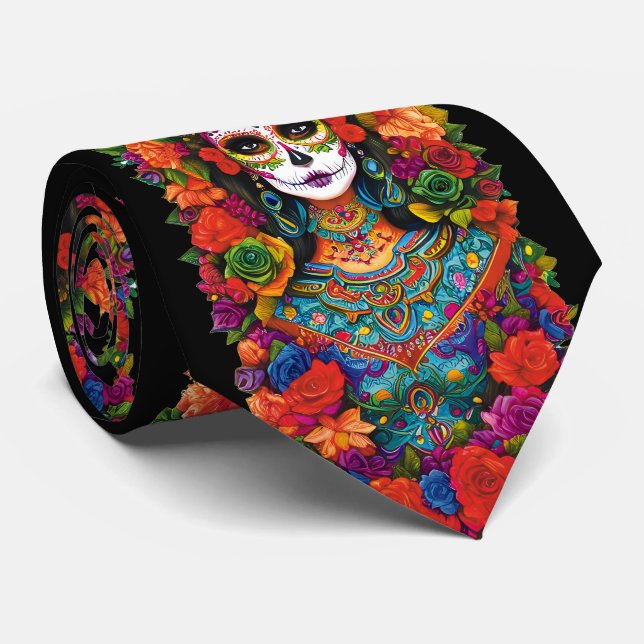 Sugar Skull Art -  Beautiful Woman in Flowers Tie (Rolled)
