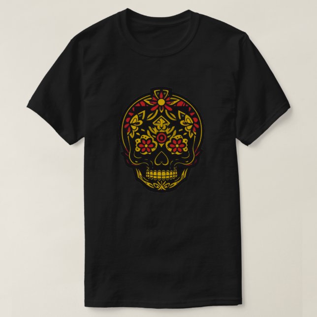 Sugar Skull Art - Black, Red, and Gold T-Shirt (Design Front)
