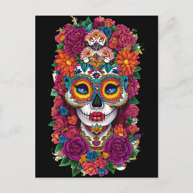 Sugar Skull Art -  Colourful Dia de los Muertos Postcard (Front)
