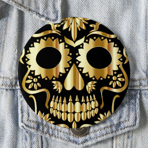 Sugar Skull Art, Day of the Dead Black and Gold 10 Cm Round Badge