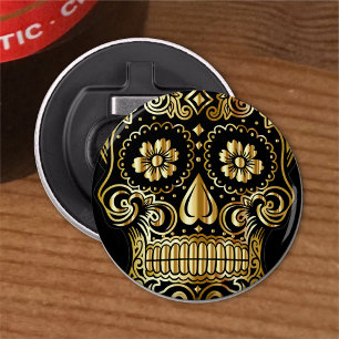 Sugar Skull Art, Day of the Dead Black and Gold Bottle Opener