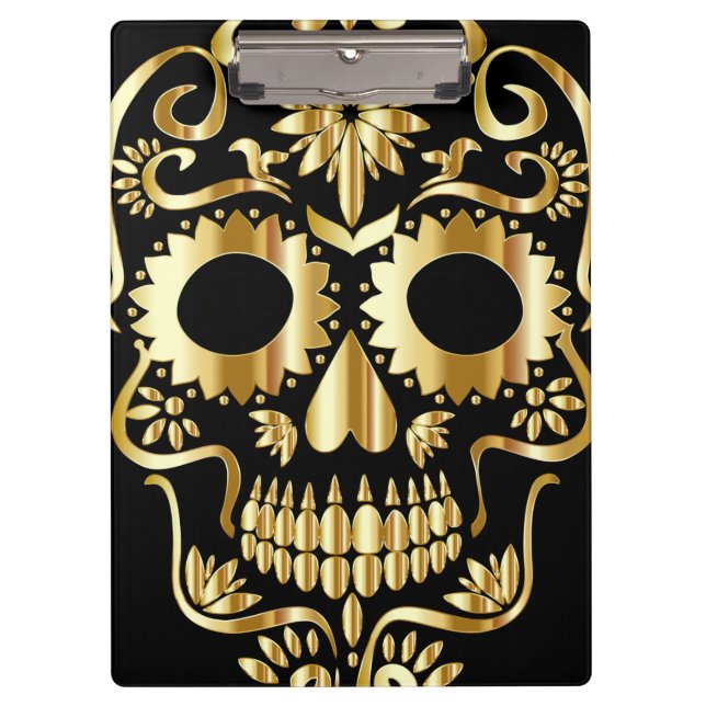 Sugar Skull Art, Day of the Dead Black and Gold Clipboard (Front)