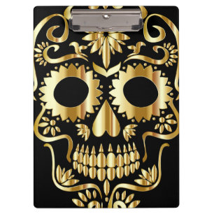 Sugar Skull Art, Day of the Dead Black and Gold Clipboard
