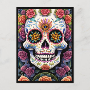 Sugar Skull Art - Dia de los Muertos Floral Skull Postcard