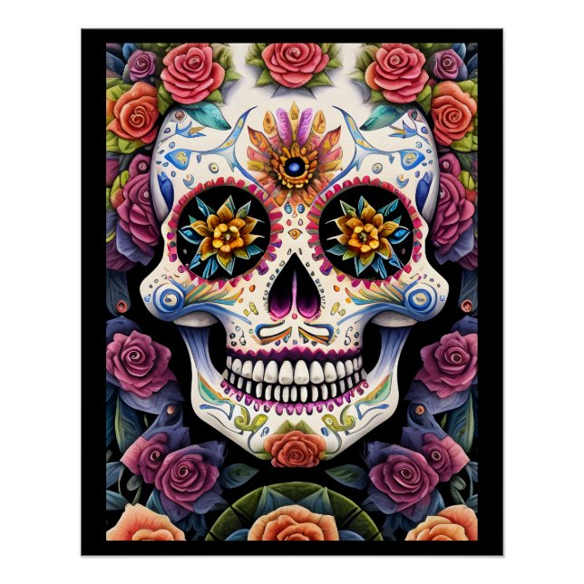 Sugar Skull Art - Dia de los Muertos Floral Skull Poster (Front)
