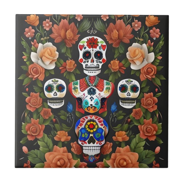 Sugar Skull Art - Dia de los Muertos Tile (Front)