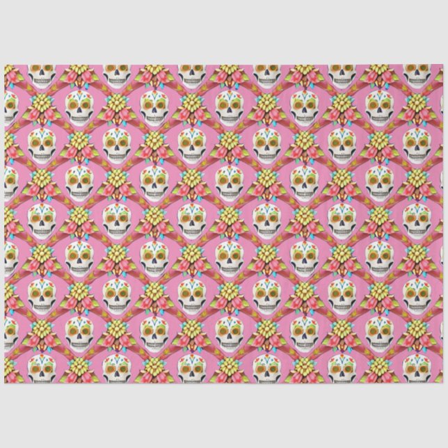 Sugar Skull Art - Diagonal Grid (Pink) Tissue Paper (Front)