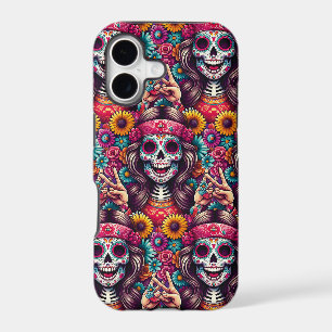 Sugar Skull Art - Female Skull Flashing Peace Sign