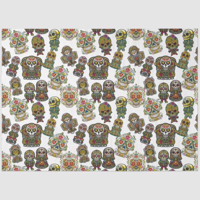 Sugar Skull Art - Festive Pattern (White) Tissue Paper (Front)