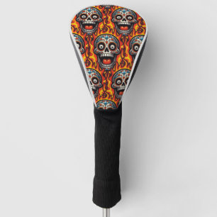 Sugar Skull Art - Flaming Skull Golf Head Cover