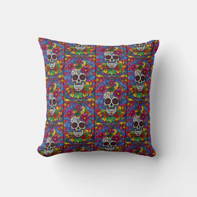 Sugar Skull Art -  Floral Fiesta Cushion (Front)