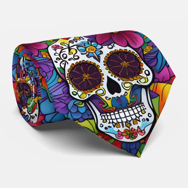 Sugar Skull Art -  Floral Fiesta Tie (Rolled)