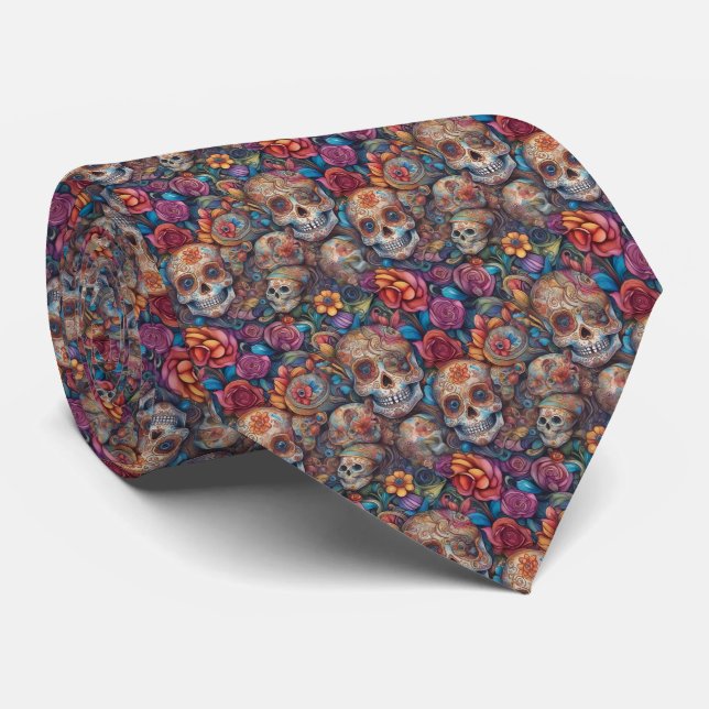 Sugar Skull Art - Intricate Day of the Dead Tie (Rolled)