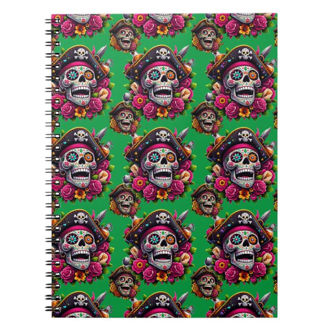 Sugar Skull Art - Jolly Pirate Skull (Green) Notebook (Front)