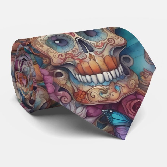 Sugar Skull Art - Skulls and Butterflies Tie (Rolled)