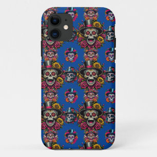 Sugar Skull Art -Top Hat Floral Fiesta (Blue) Case-Mate iPhone Case