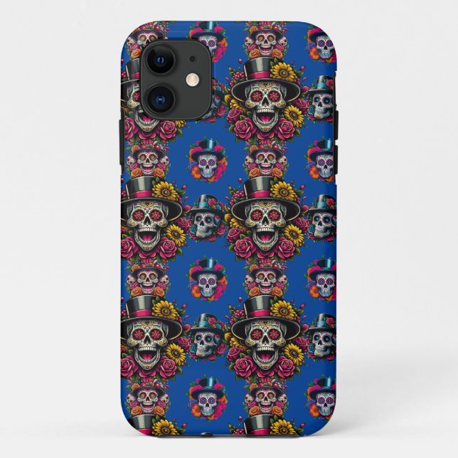 Sugar Skull Art -Top Hat Floral Fiesta (Blue) Case-Mate iPhone Case (Back)