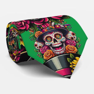 Sugar Skull Art -Top Hat Floral Fiesta (Green) Tie