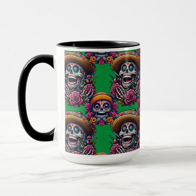 Sugar Skull Art - Vibrant Day of the Dead (Green) Mug (Left)