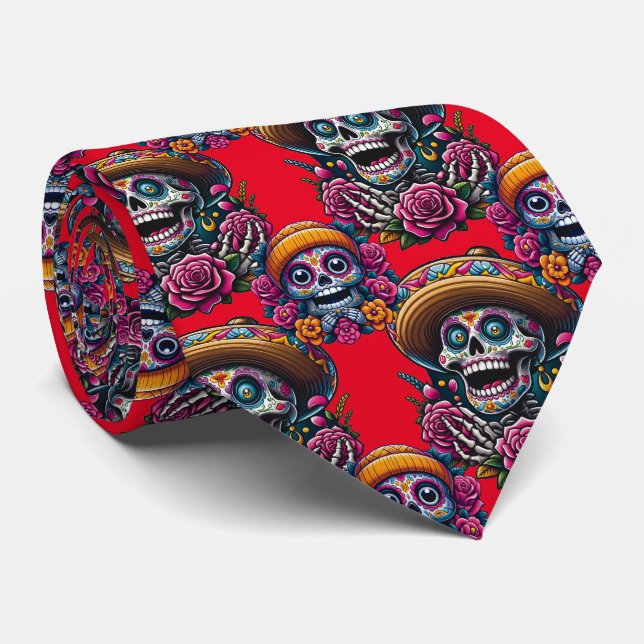 Sugar Skull Art - Vibrant Day of the Dead (Red) Tie (Rolled)
