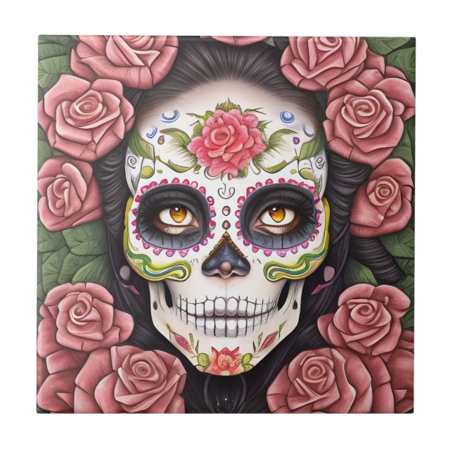 Sugar Skull Art - Woman with Makeup Tile (Front)