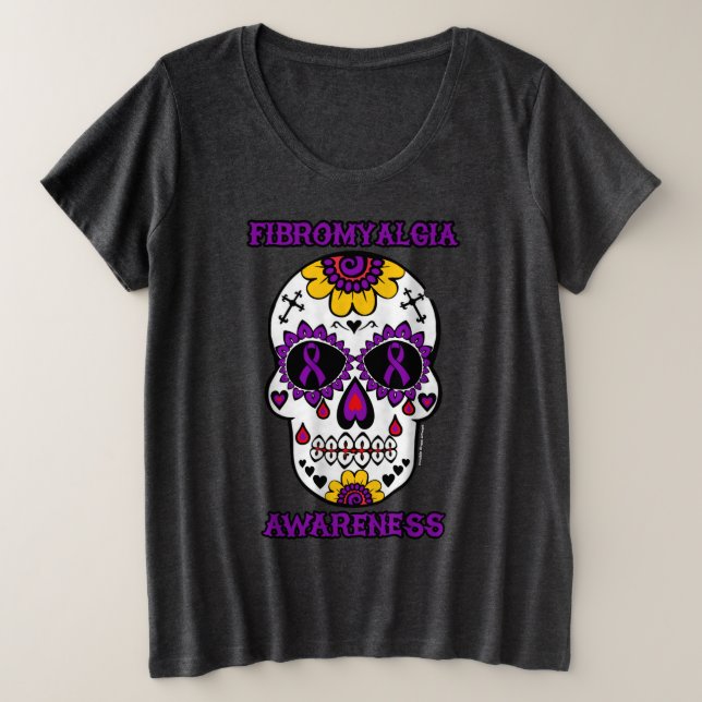 Sugar Skull/Awareness...Fibro Plus Size T-Shirt (Design Front)