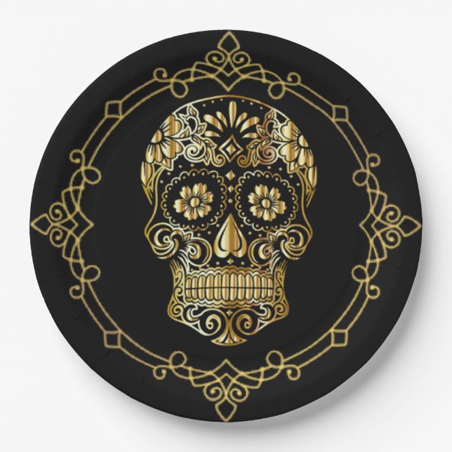 Sugar Skull Black and Gold Luncheon Paper Plate (Front)