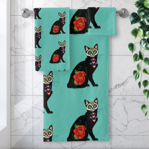 Sugar Skull Black Cat Bath Towel Set