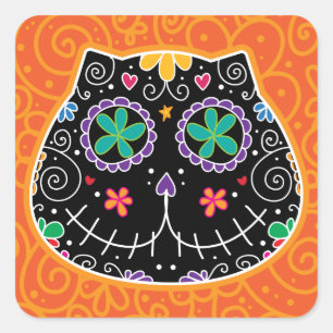 Sugar Skull Black Cat Day of the Dead Square Sticker