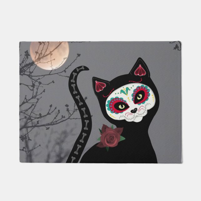 Sugar Skull Black Cat Doormat (Front)