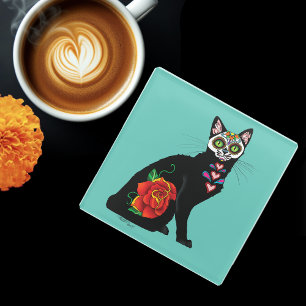 Sugar Skull Black Cat Glass Coaster