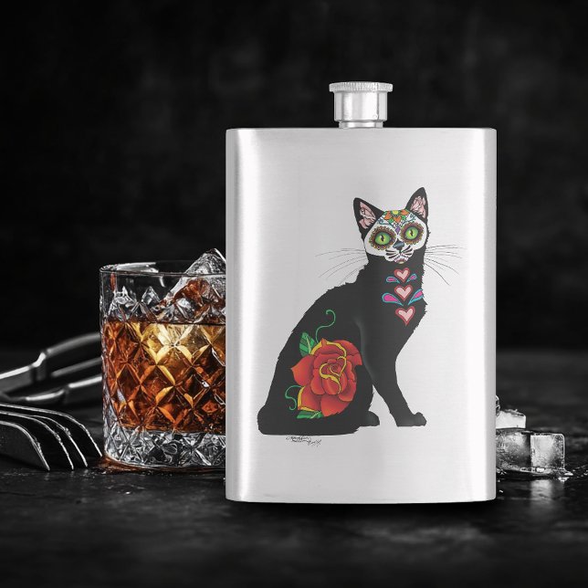 Sugar Skull Black Cat Hip Flask (Creator Uploaded)