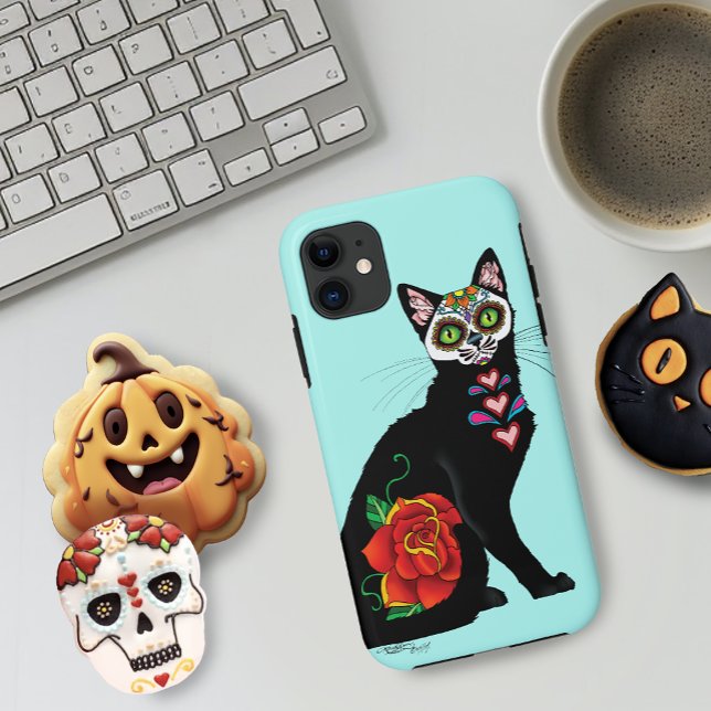 Sugar Skull Black Cat Rose Teal Heart (Creator Uploaded)