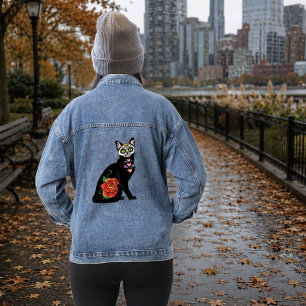Sugar Skull Black Cat Rose Teal Heart Denim Jacket